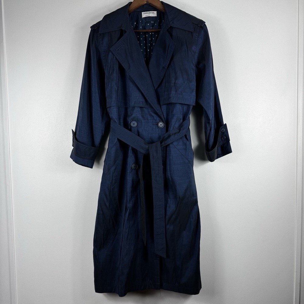 Forecaster of Boston Trench Coat Women 8 Petite Blue Metallic Belt Overcoat USA‎